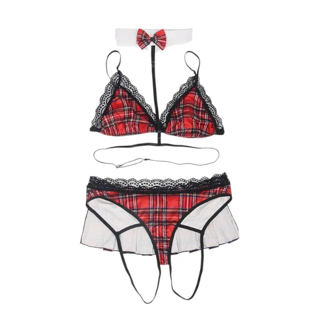 Costum erotic școlăriță SUBBLIME Sexy University Costume. cu sutien. chilot sexy și ham cu papion. mărime L/XL