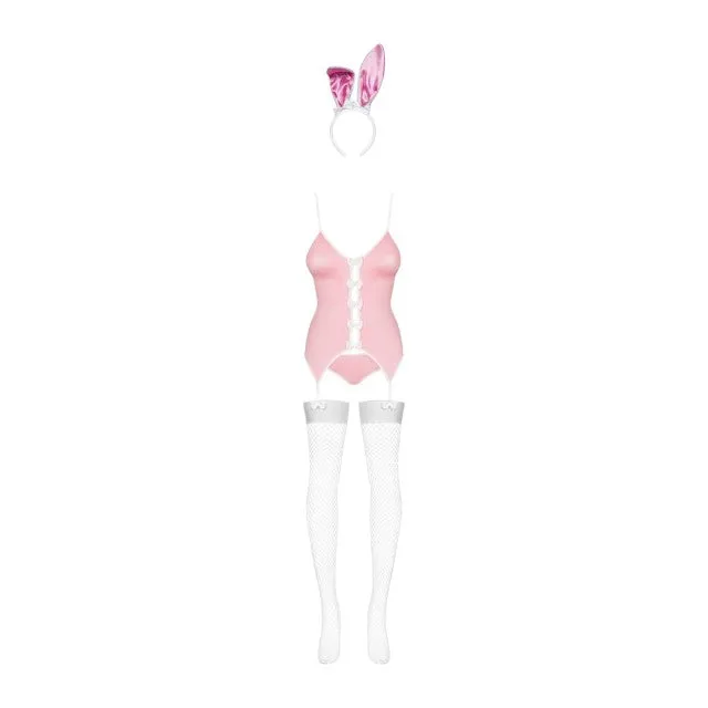 Costum sexy iepuraș OBSESSIVE Bunny Costume. corset cu jartiere   chilot cu coadă de iepuraș   bentiță cu urechi   ciorapi. roz cu alb. mărime L/XL