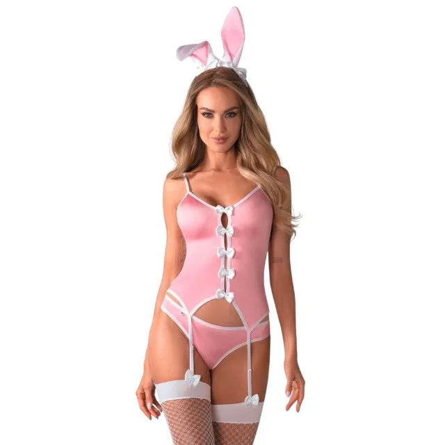 Costum sexy iepuraș OBSESSIVE Bunny Costume. corset cu jartiere   chilot cu coadă de iepuraș   bentiță cu urechi   ciorapi. roz cu alb. mărime L/XL