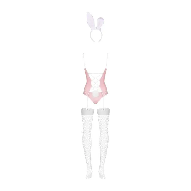 Costum sexy iepuraș OBSESSIVE Bunny Costume. corset cu jartiere   chilot cu coadă de iepuraș   bentiță cu urechi   ciorapi. roz cu alb. mărime L/XL