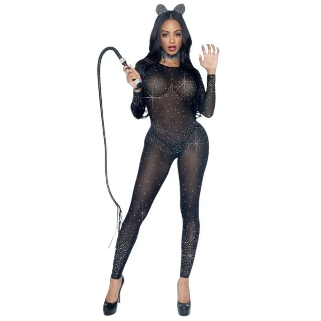 Costum sexy LEG AVENUE Sheer Rhinestone Catsuit. din plasă cu strasuri. cu spate decoltat. negru. mărime M (85636)