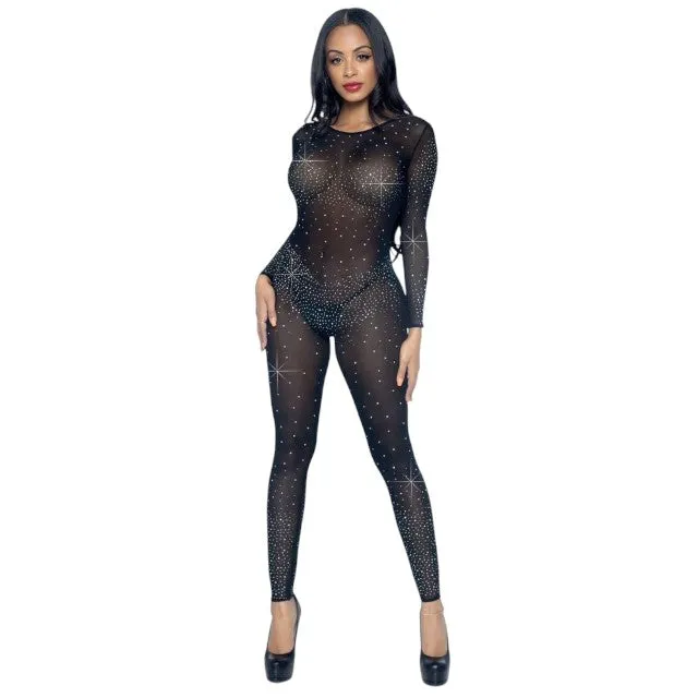 Costum sexy LEG AVENUE Sheer Rhinestone Catsuit. din plasă cu strasuri. cu spate decoltat. negru. mărime XS (85636)