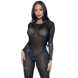 Costum sexy LEG AVENUE Sheer Rhinestone Catsuit. din plasă cu strasuri. cu spate decoltat. negru. mărime XS (85636)