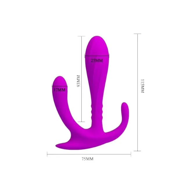 Dildo triplu PRETTY LOVE Edgar. pentru stimulare vaginală și anală. din silicon moale. lungime 11.5 cm. culoare mov