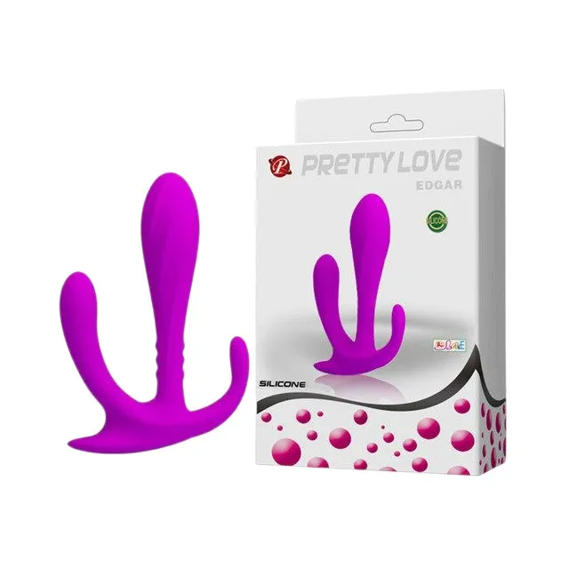 Dildo triplu PRETTY LOVE Edgar. pentru stimulare vaginală și anală. din silicon moale. lungime 11.5 cm. culoare mov