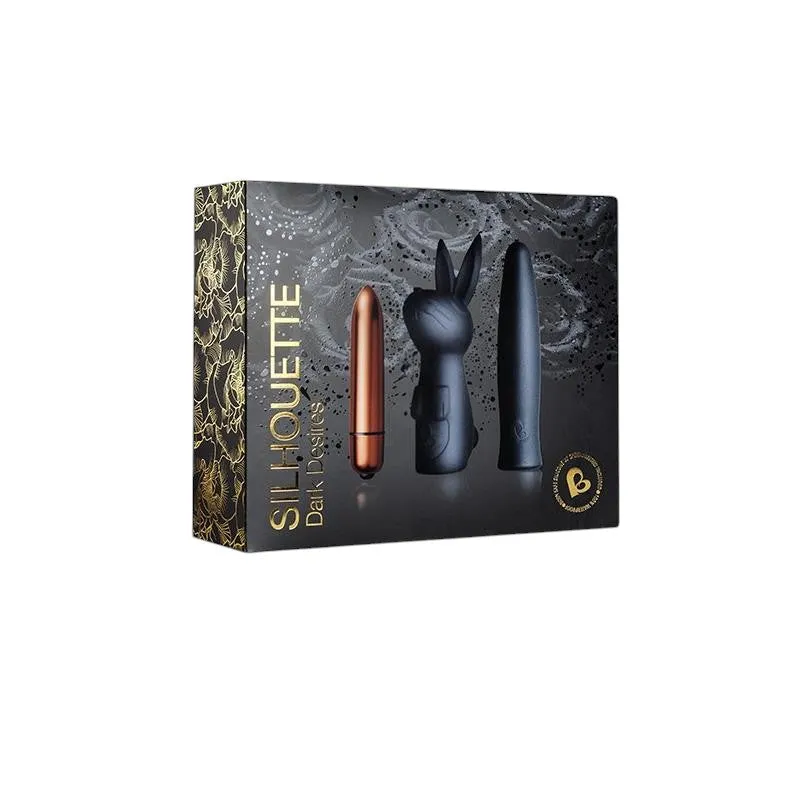Kit SILHOUETTE Dark Desires cu vibrator bullet   2 huse interschimbabile. 7 funcții de vibrație. rezistent la apă. bronz cu negru
