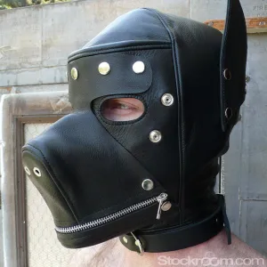 Leather Dog Hood with Snap-on Muzzle. Blindfold and Gag
