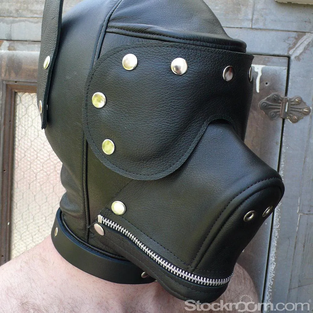 Leather Dog Hood with Snap-on Muzzle. Blindfold and Gag