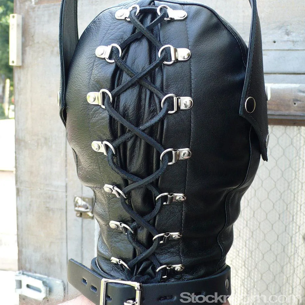 Leather Dog Hood with Snap-on Muzzle. Blindfold and Gag