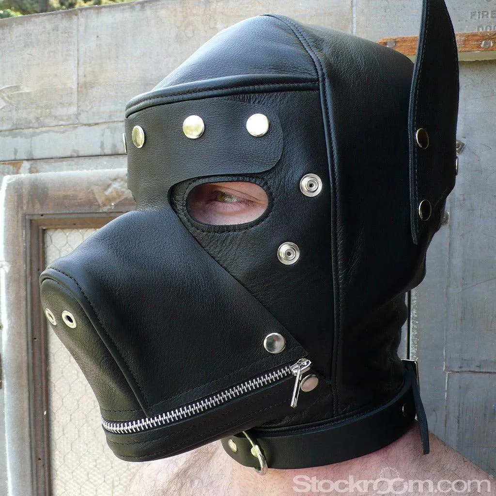 Leather Dog Hood with Snap-on Muzzle. Blindfold and Gag