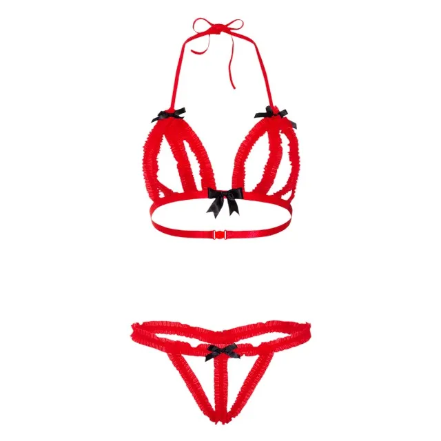 Lenjerie sexy 2 piese DARING INTIMATES Peak-A-Boo Ruffle Bra   Panty. sutien și chilot tanga cu decupaje. roșu. mărime L/XL. model 75123