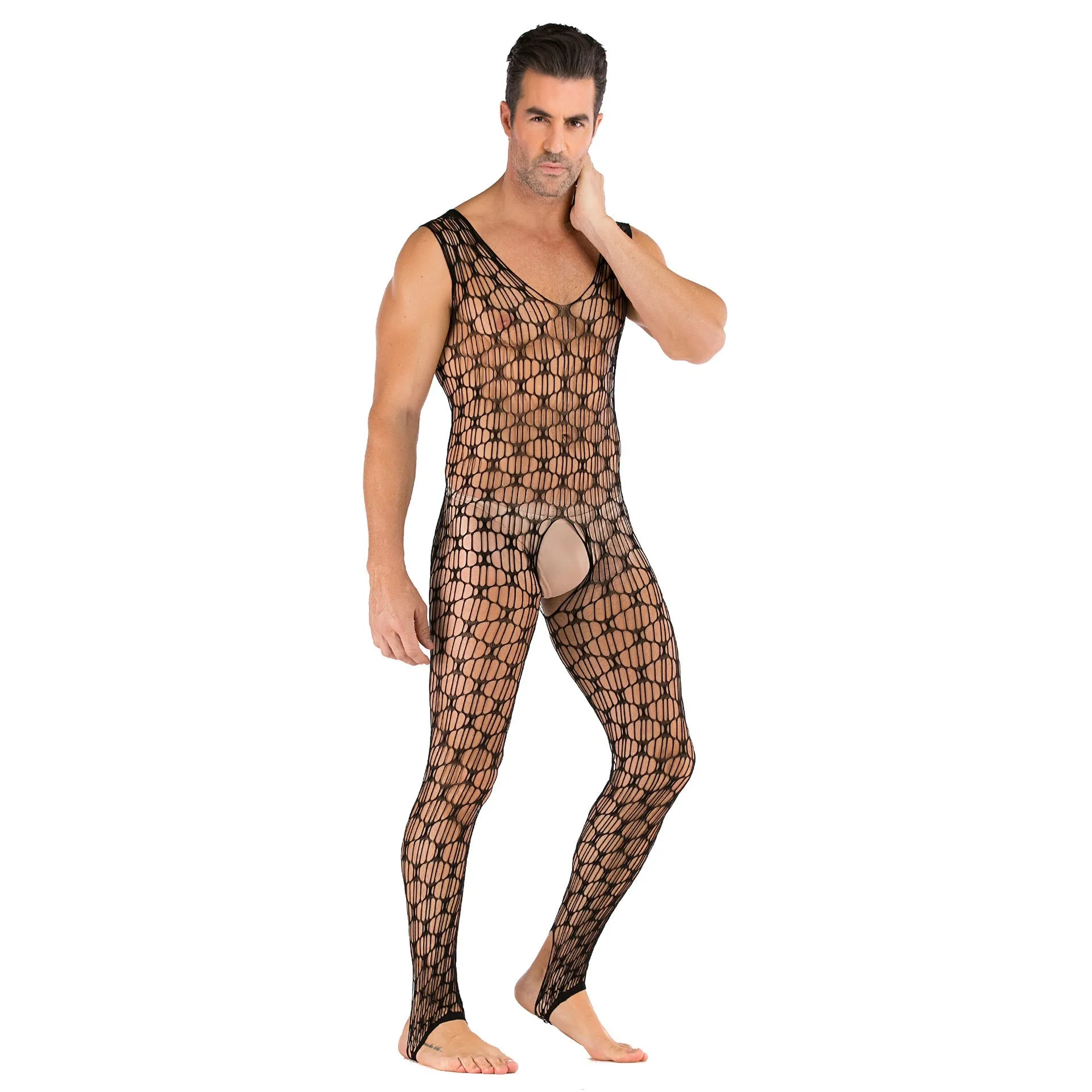 Men's Plus Size Super Elastic Black Sexy Mesh Openwork Fishnet Stockings