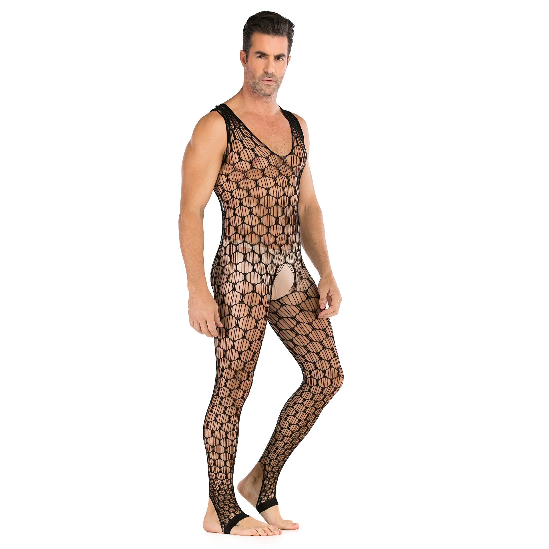 Men's Plus Size Super Elastic Black Sexy Mesh Openwork Fishnet Stockings