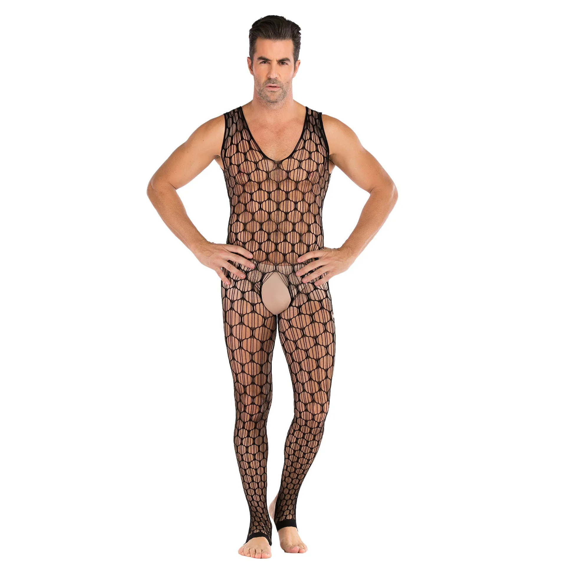Men's Plus Size Super Elastic Black Sexy Mesh Openwork Fishnet Stockings