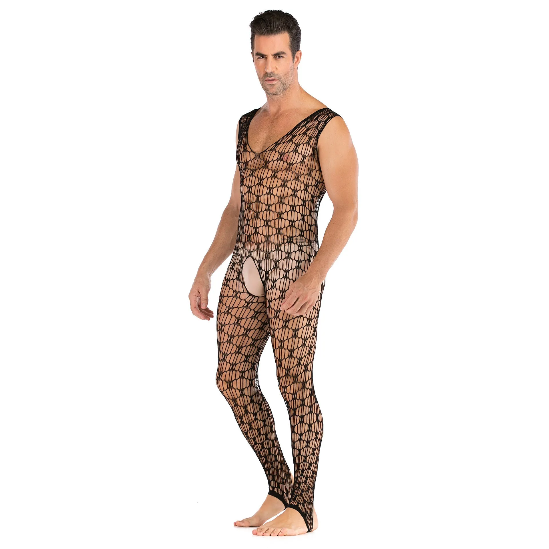 Men's Plus Size Super Elastic Black Sexy Mesh Openwork Fishnet Stockings