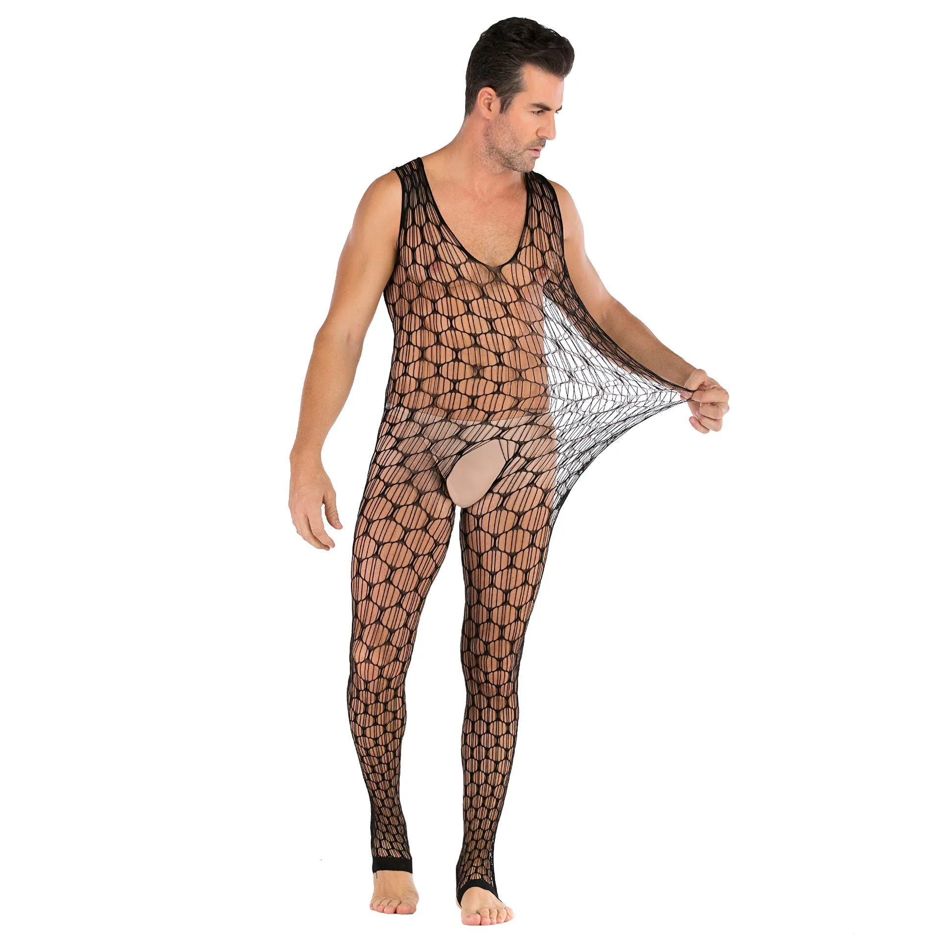 Men's Plus Size Super Elastic Black Sexy Mesh Openwork Fishnet Stockings