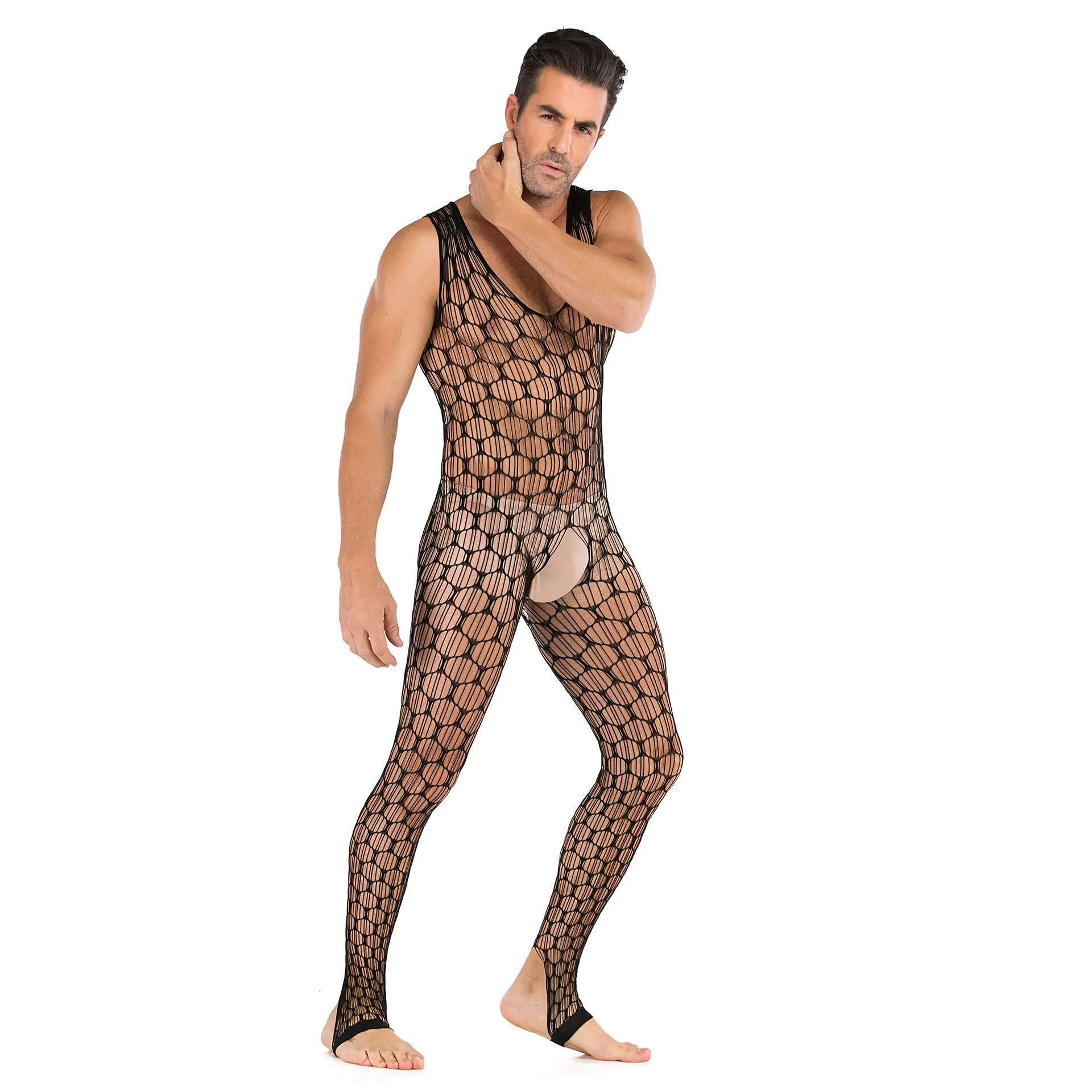 Men's Plus Size Super Elastic Black Sexy Mesh Openwork Fishnet Stockings