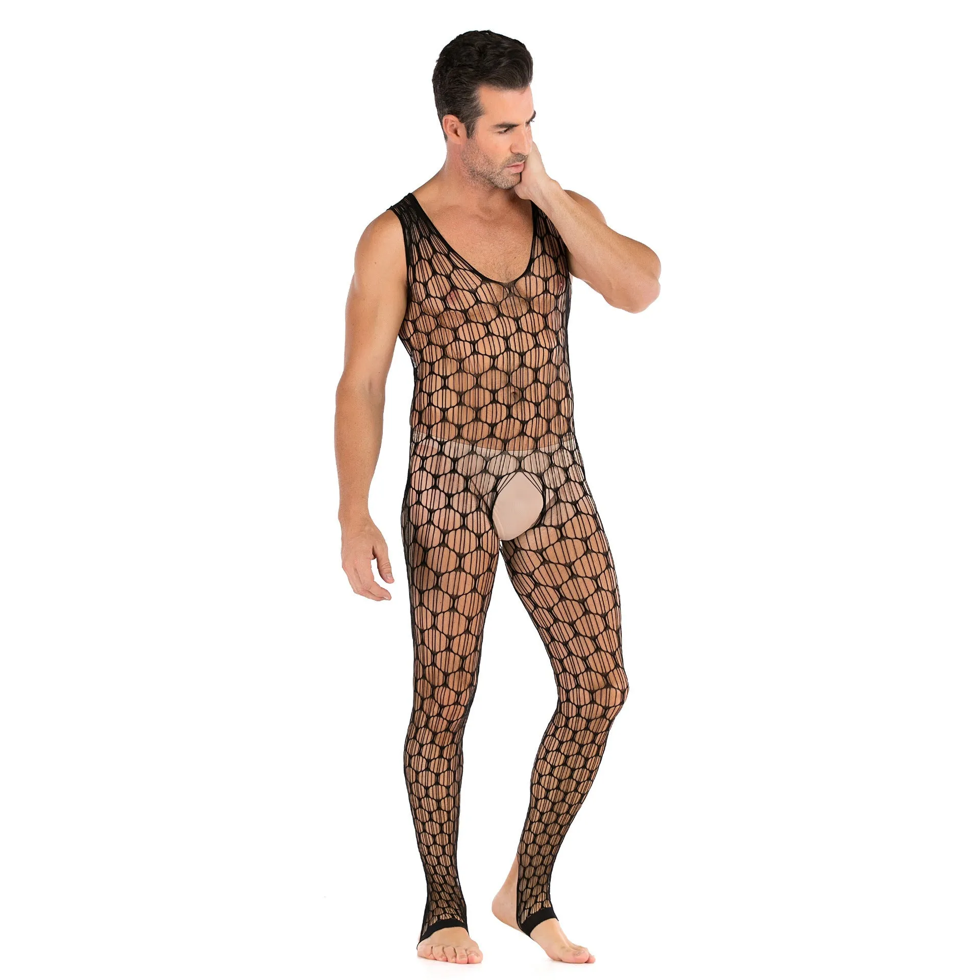 Men's Plus Size Super Elastic Black Sexy Mesh Openwork Fishnet Stockings