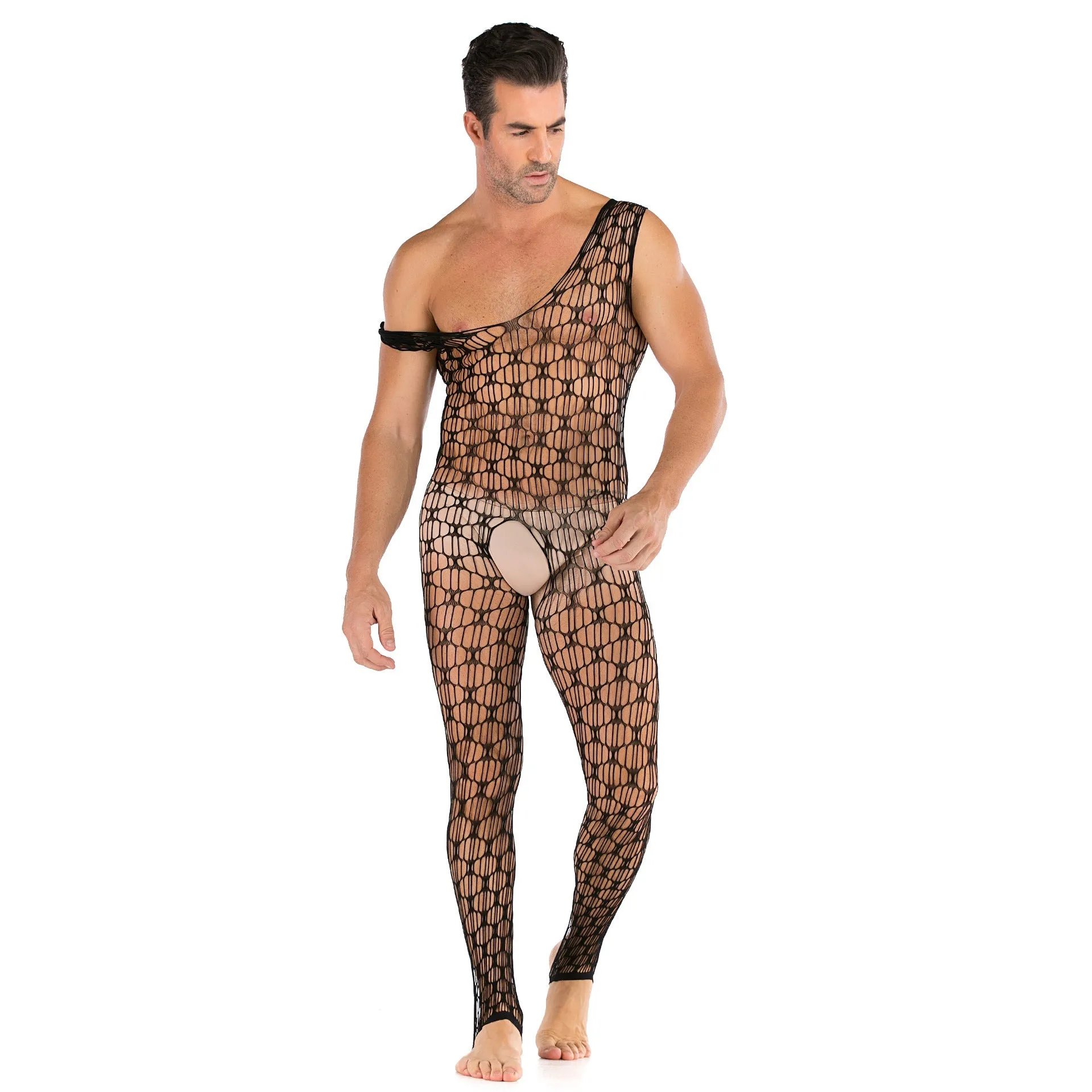 Men's Plus Size Super Elastic Black Sexy Mesh Openwork Fishnet Stockings