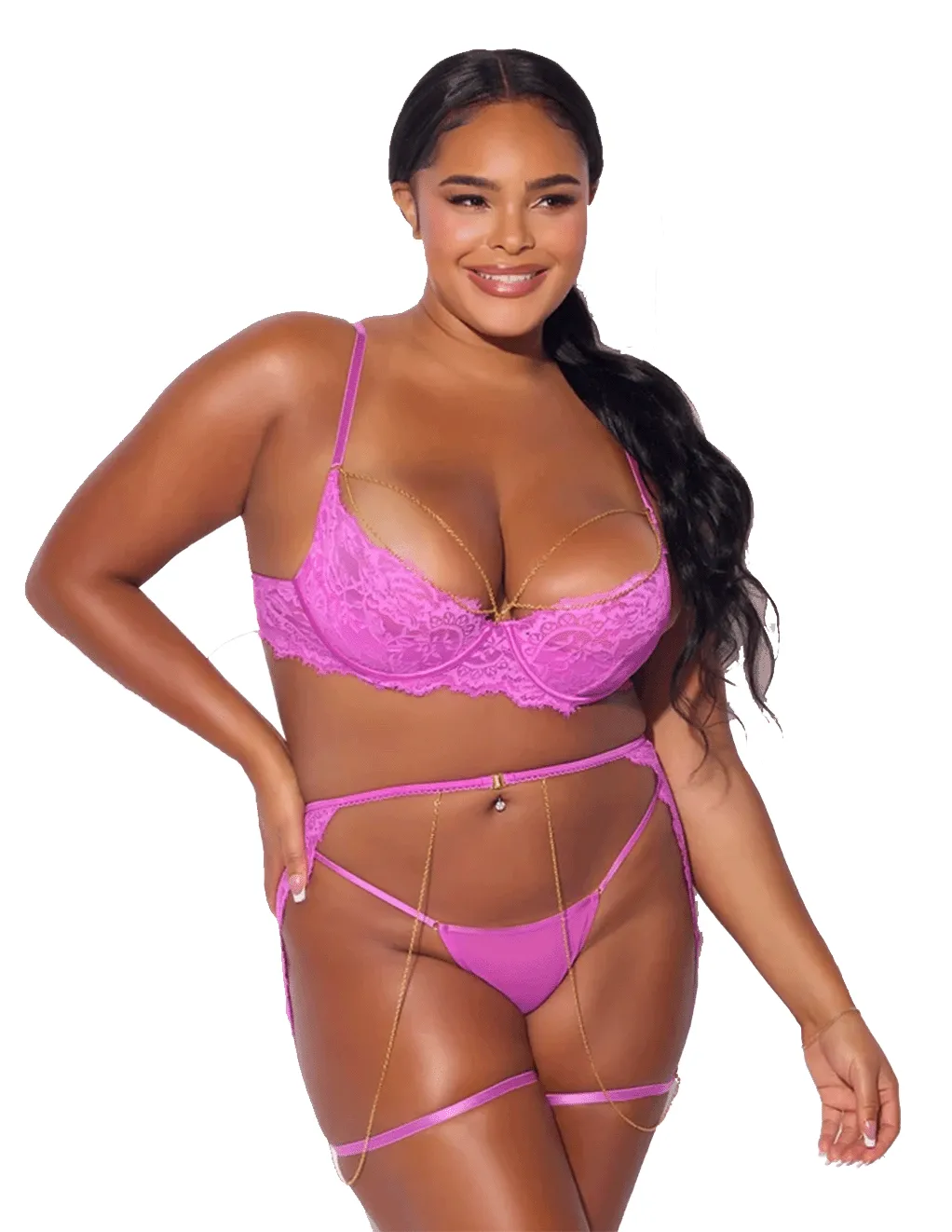 Reanna Lace Chain Bra. Garter & G-String Set