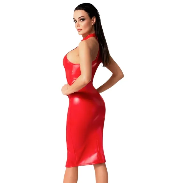 Rochie sexy NOIR HANDMADE Dress. costum erotic din material lucios. design cu guler și fermoar. culoare roșu. mărime S(27190703021)