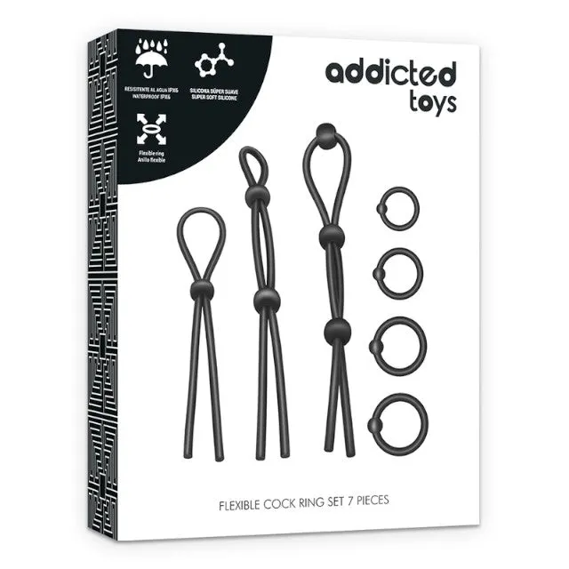 Set 7 inele pentru penis ADDICTED TOYS Flexible Cock Ring Set. pentru susținerea erecțiilor. din silicon. culoare negru