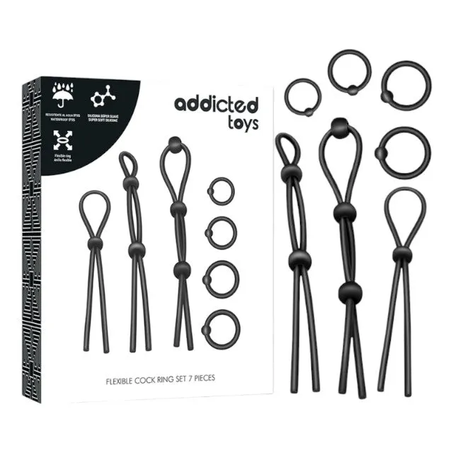 Set 7 inele pentru penis ADDICTED TOYS Flexible Cock Ring Set. pentru susținerea erecțiilor. din silicon. culoare negru