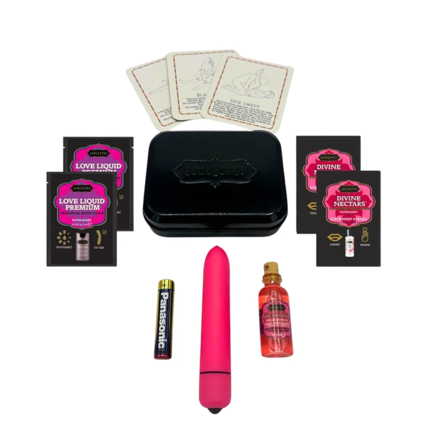 Set KAMASUTRA Weekender Kit Strawberry Dreams. cu vibrator bullet. ulei de masaj. cărți de joc cu poziții sexuale și lubrifiant (căpșuni)