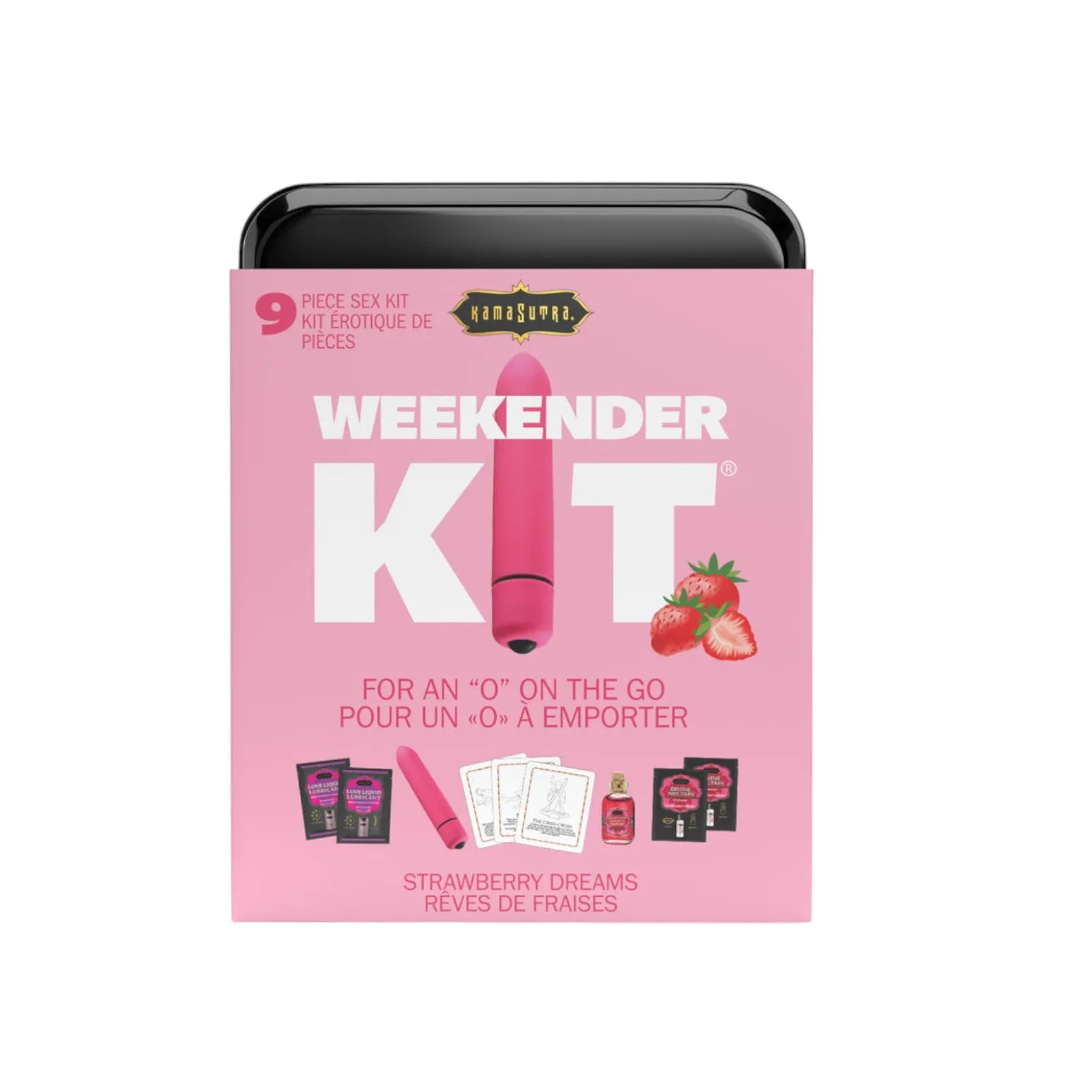 Set KAMASUTRA Weekender Kit Strawberry Dreams. cu vibrator bullet. ulei de masaj. cărți de joc cu poziții sexuale și lubrifiant (căpșuni)