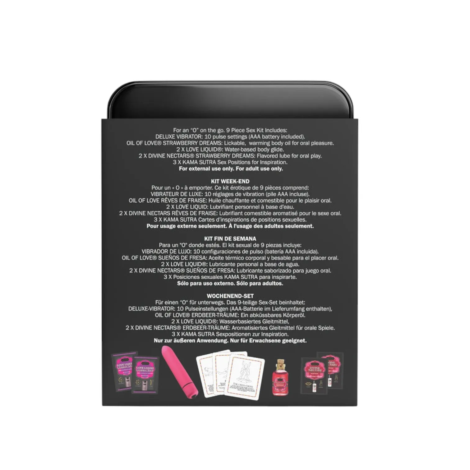 Set KAMASUTRA Weekender Kit Strawberry Dreams. cu vibrator bullet. ulei de masaj. cărți de joc cu poziții sexuale și lubrifiant (căpșuni)