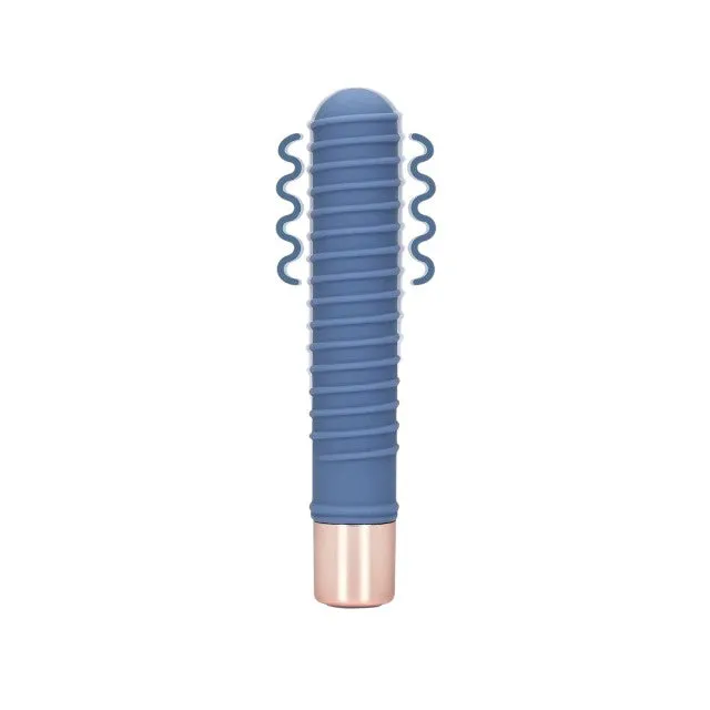 Vibrator LOVELINE Ribbed Mini Vibrator. cu striații pentru stimulare versatilă. 10 funcții de vibrație. lungime 14.1 cm. albastru