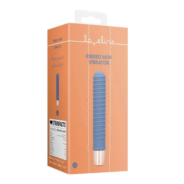 Vibrator LOVELINE Ribbed Mini Vibrator. cu striații pentru stimulare versatilă. 10 funcții de vibrație. lungime 14.1 cm. albastru