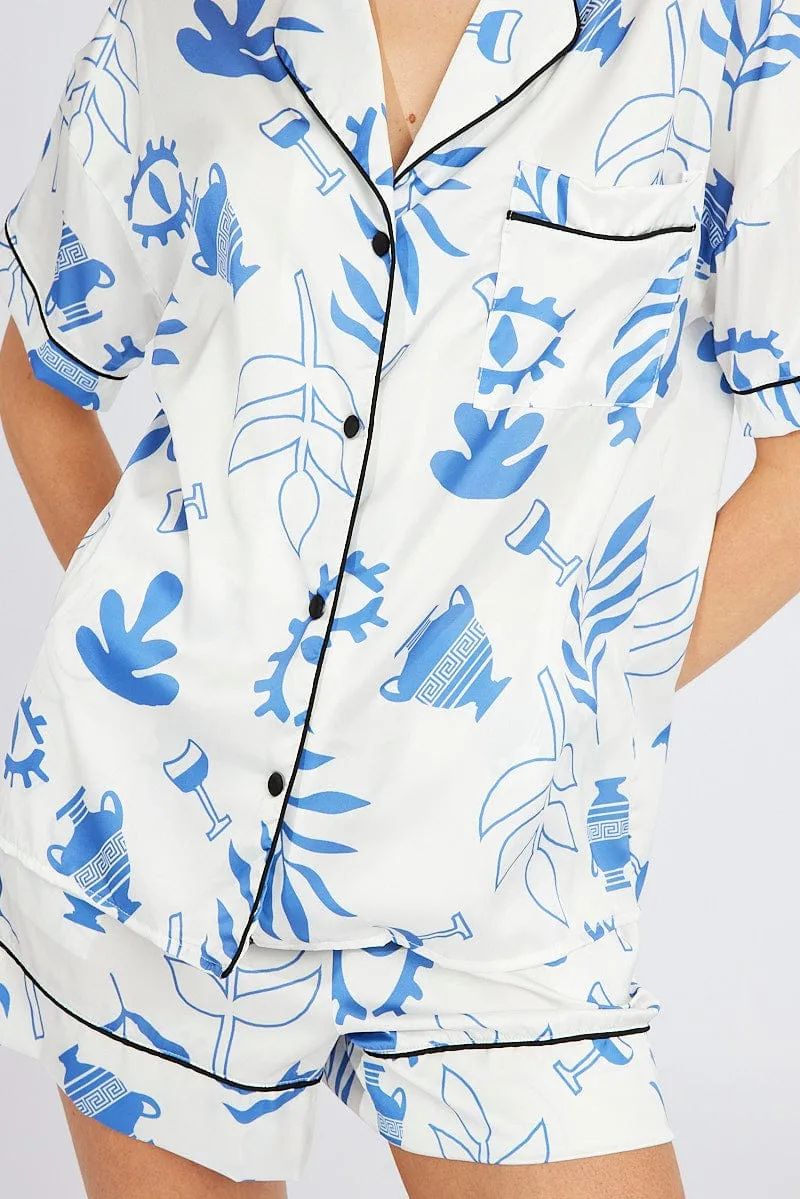 White Abstract Pyjama Set Minimal Abstract Print PJ